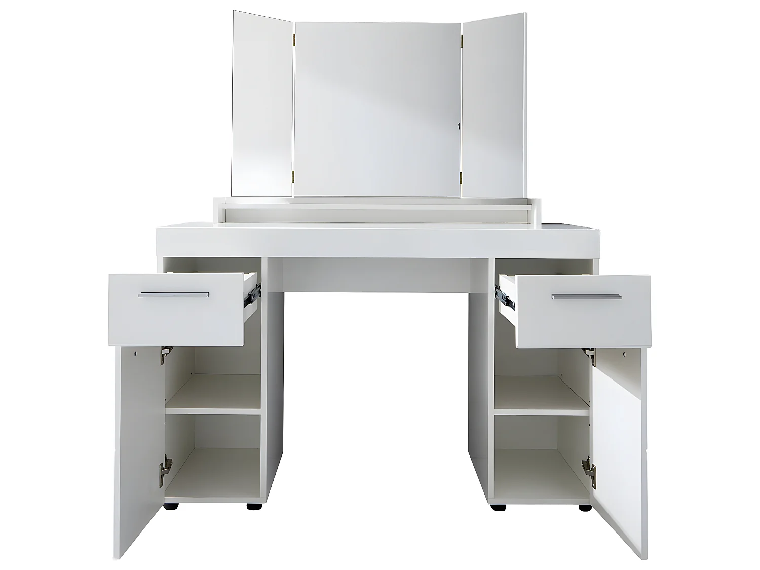Coiffeuse, meuble de bureau avec miroir coloris blanc mat, blanc brillant