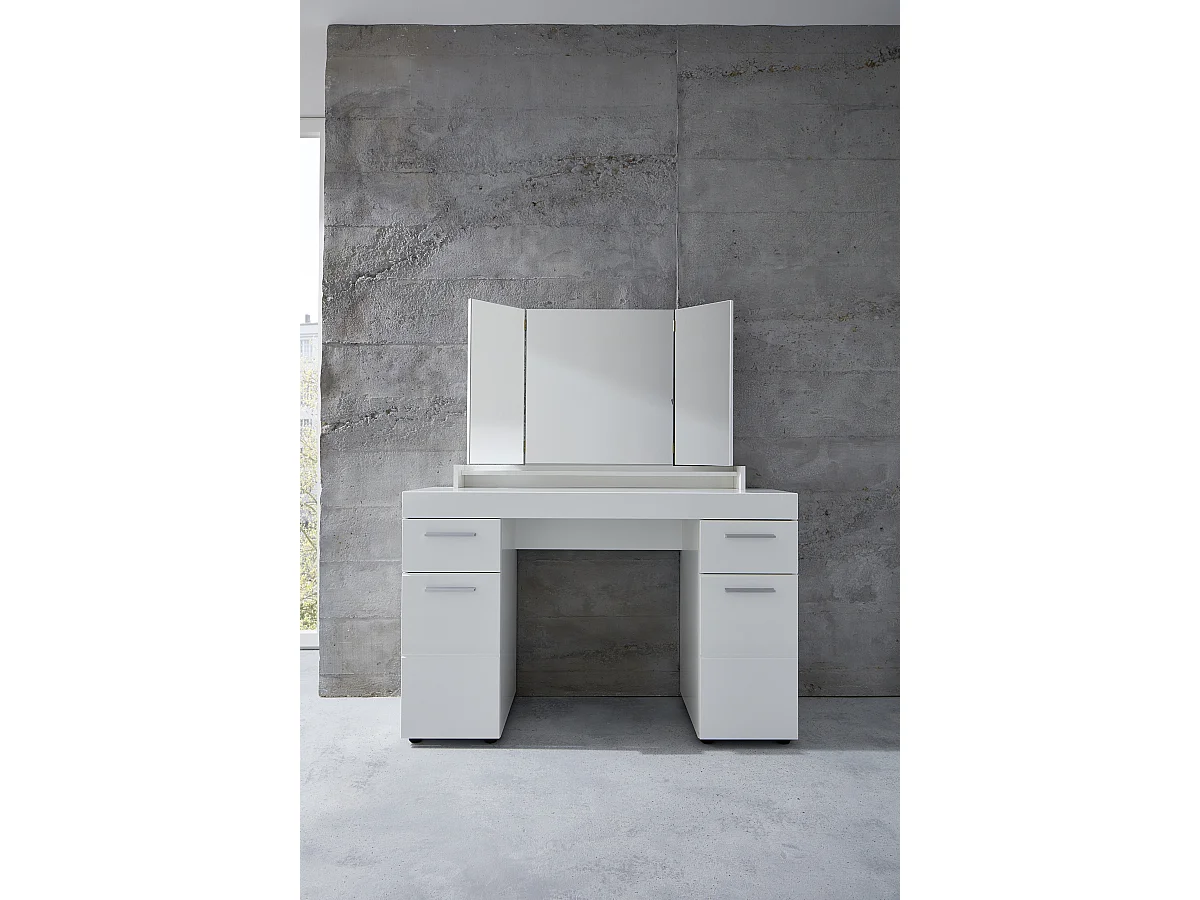 Coiffeuse, meuble de bureau avec miroir coloris blanc mat, blanc brillant