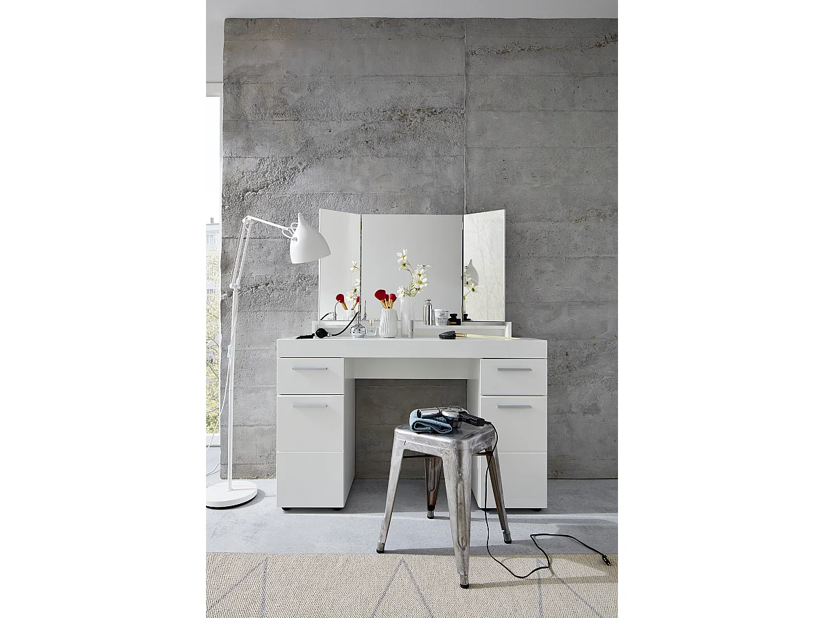 Coiffeuse, meuble de bureau avec miroir coloris blanc mat, blanc brillant