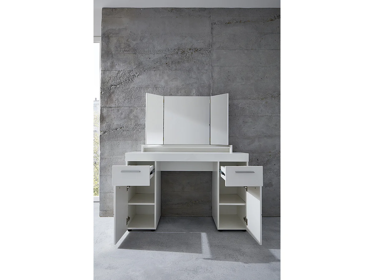 Coiffeuse, meuble de bureau avec miroir coloris blanc mat, blanc brillant