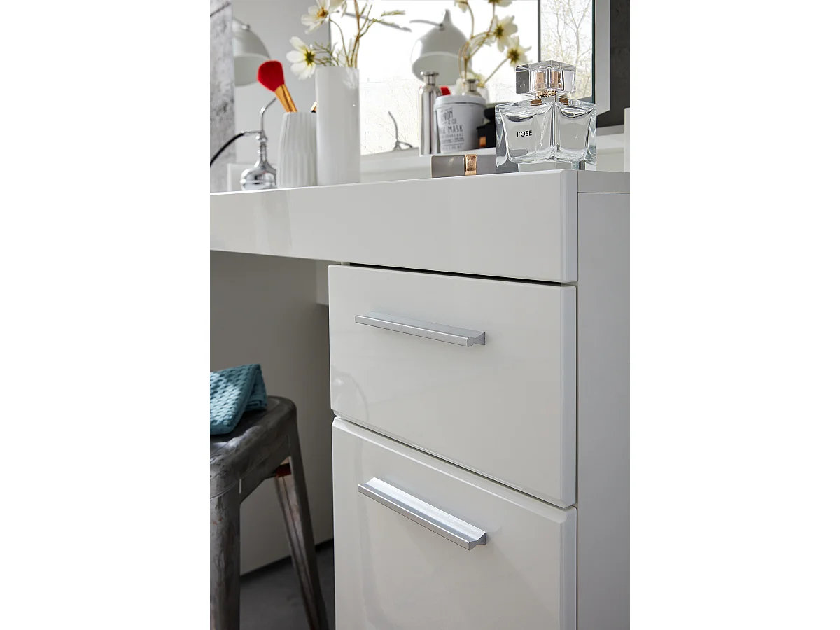 Coiffeuse, meuble de bureau avec miroir coloris blanc mat, blanc brillant