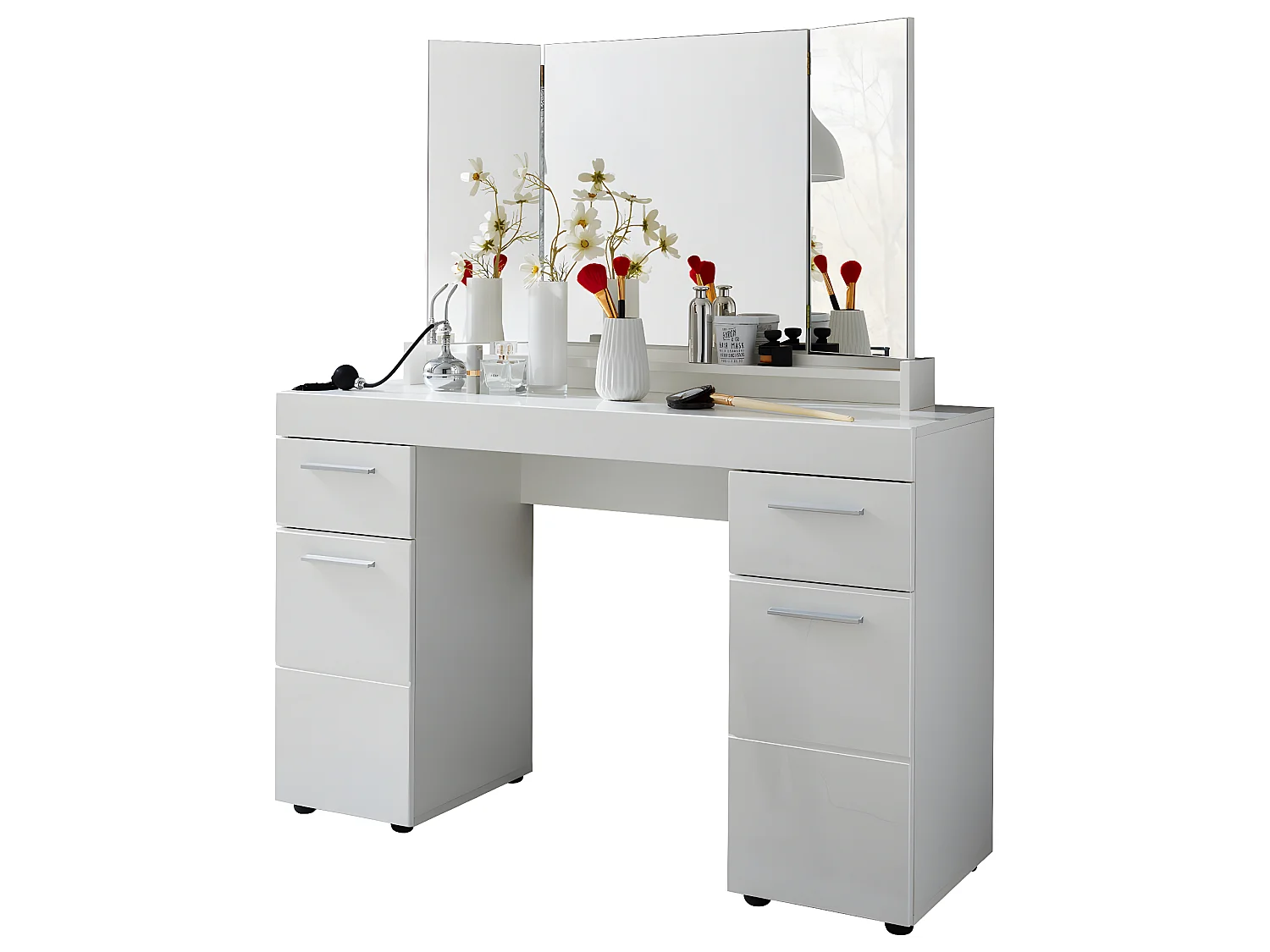 Coiffeuse, meuble de bureau avec miroir coloris blanc mat, blanc brillant