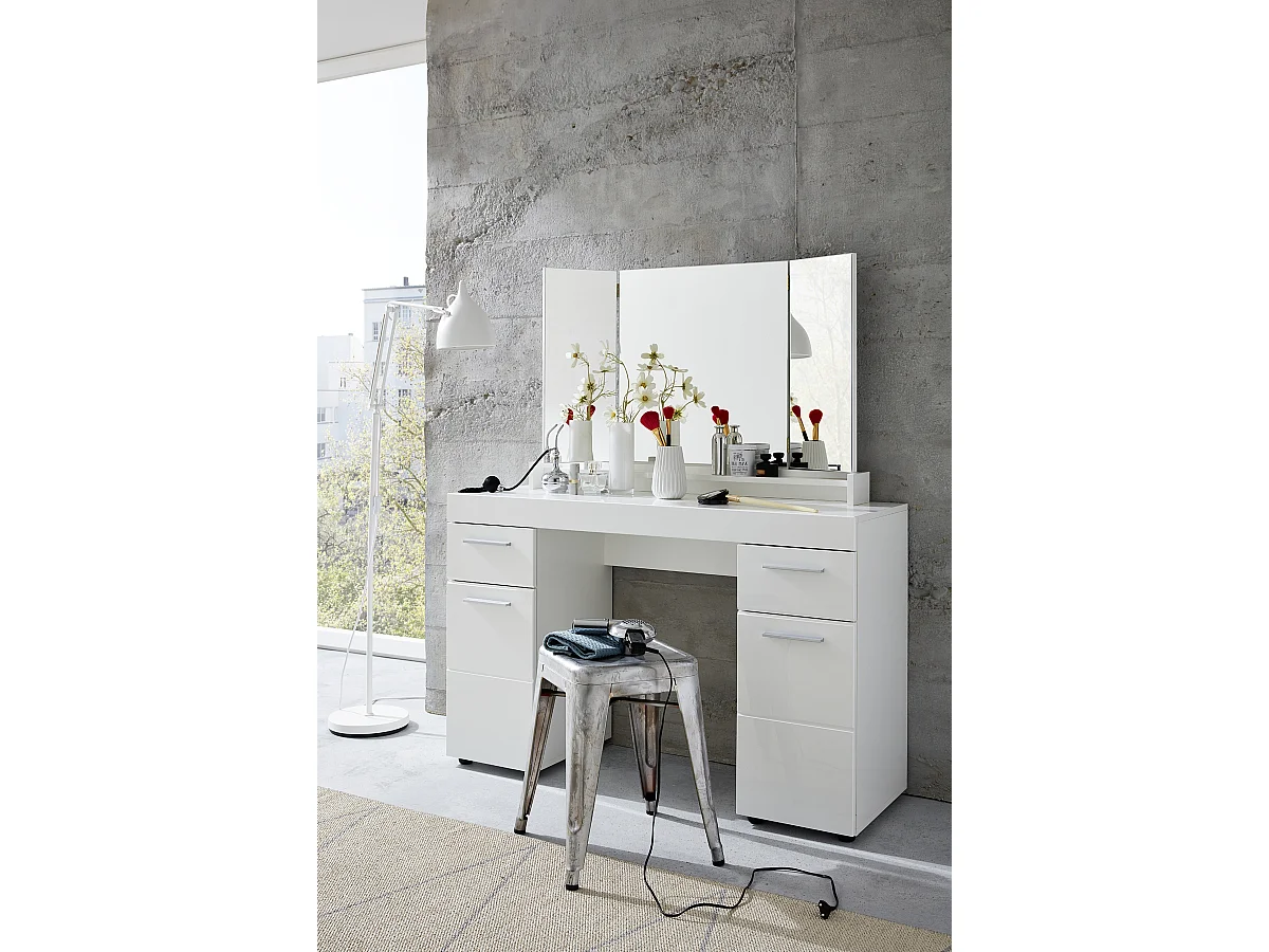 Coiffeuse, meuble de bureau avec miroir coloris blanc mat, blanc brillant