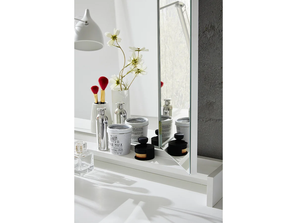 Coiffeuse, meuble de bureau avec miroir coloris blanc mat, blanc brillant