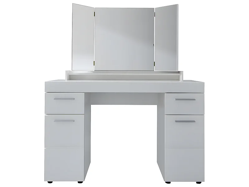 Coiffeuse, meuble de bureau avec miroir coloris blanc mat, blanc brillant