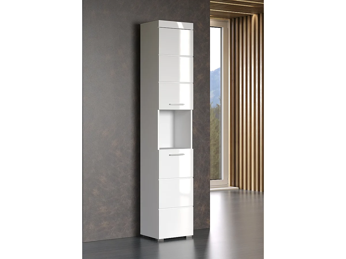 Colonne de salle de bain avec 2 portes coloris blanc mat, blanc brillant