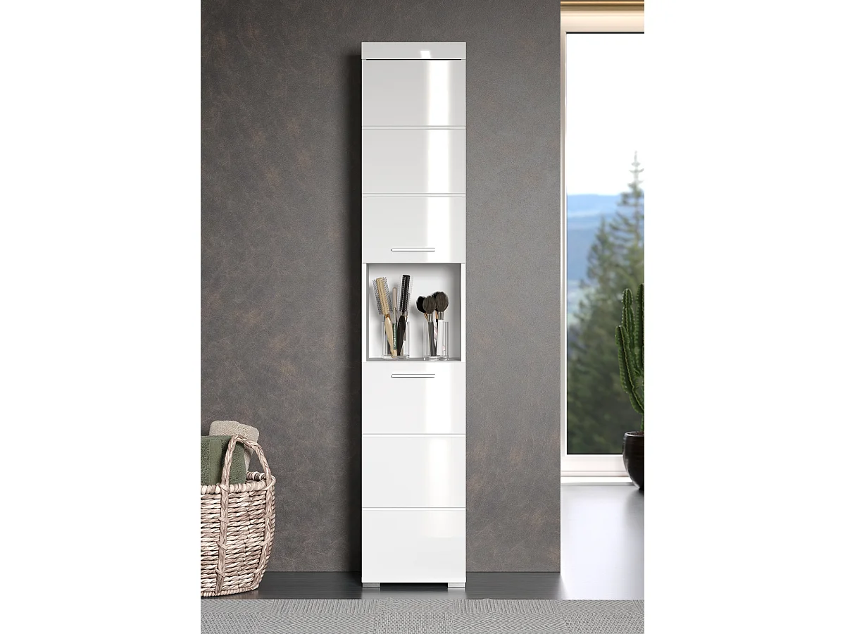 Colonne de salle de bain avec 2 portes coloris blanc mat, blanc brillant