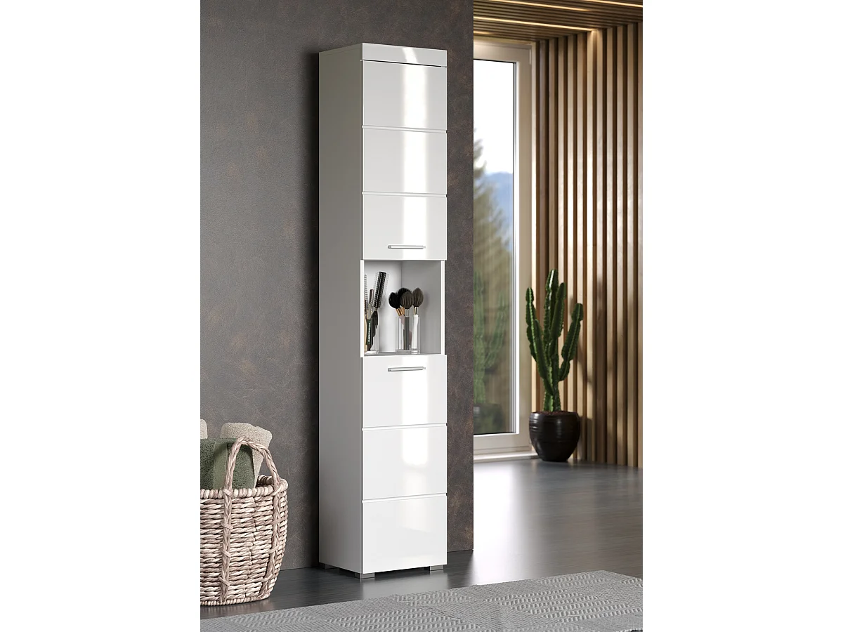 Colonne de salle de bain avec 2 portes coloris blanc mat, blanc brillant