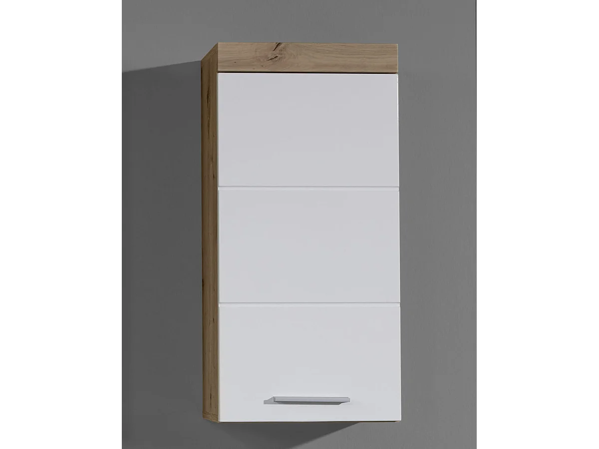 Armoire murale, meuble haut de salle de bain coloris chêne à noeuds et blanc brillant