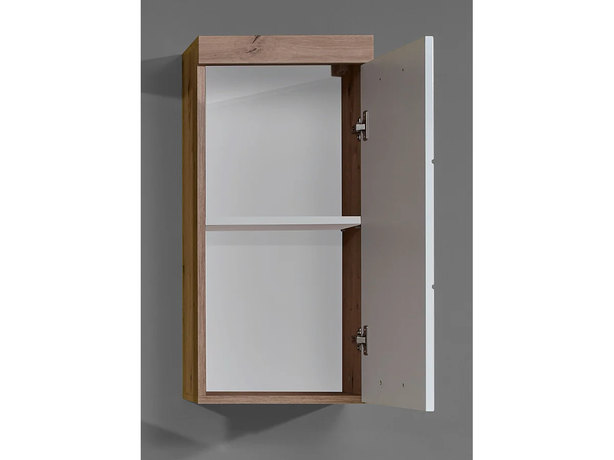Armoire murale, meuble haut de salle de bain coloris chêne à noeuds et blanc brillant