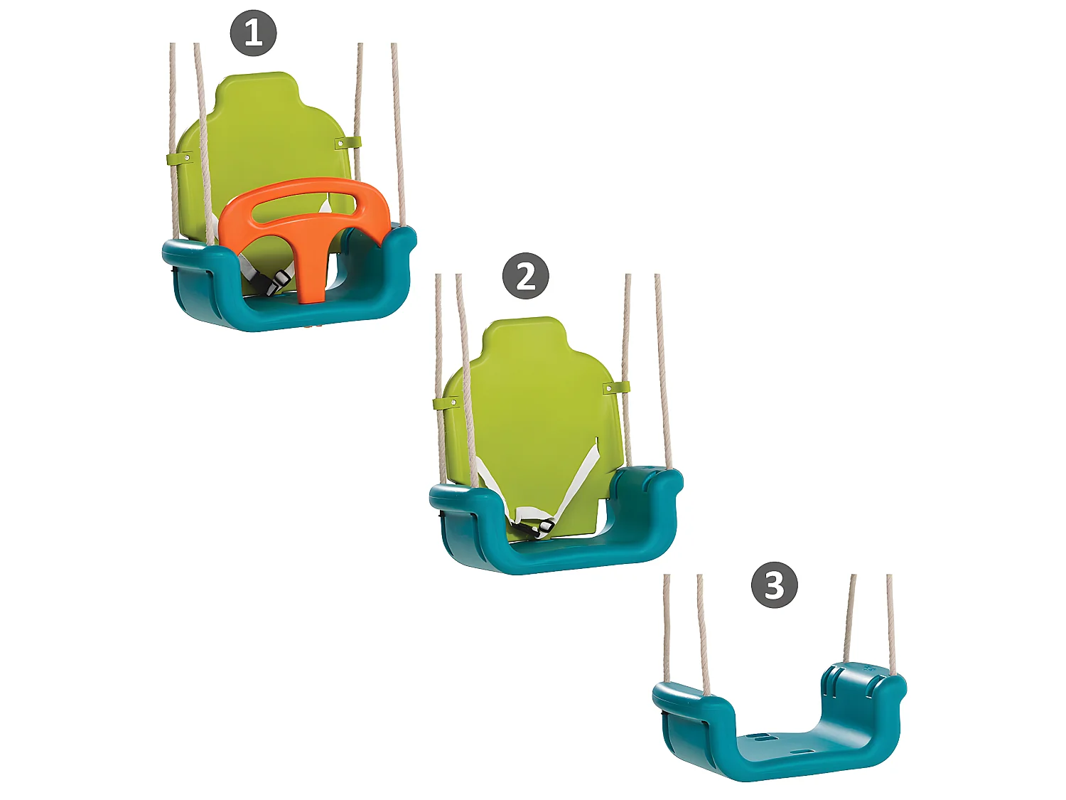 Balançoire bébé évolutive 3 en 1en plastique vert citron/turquoise/orange