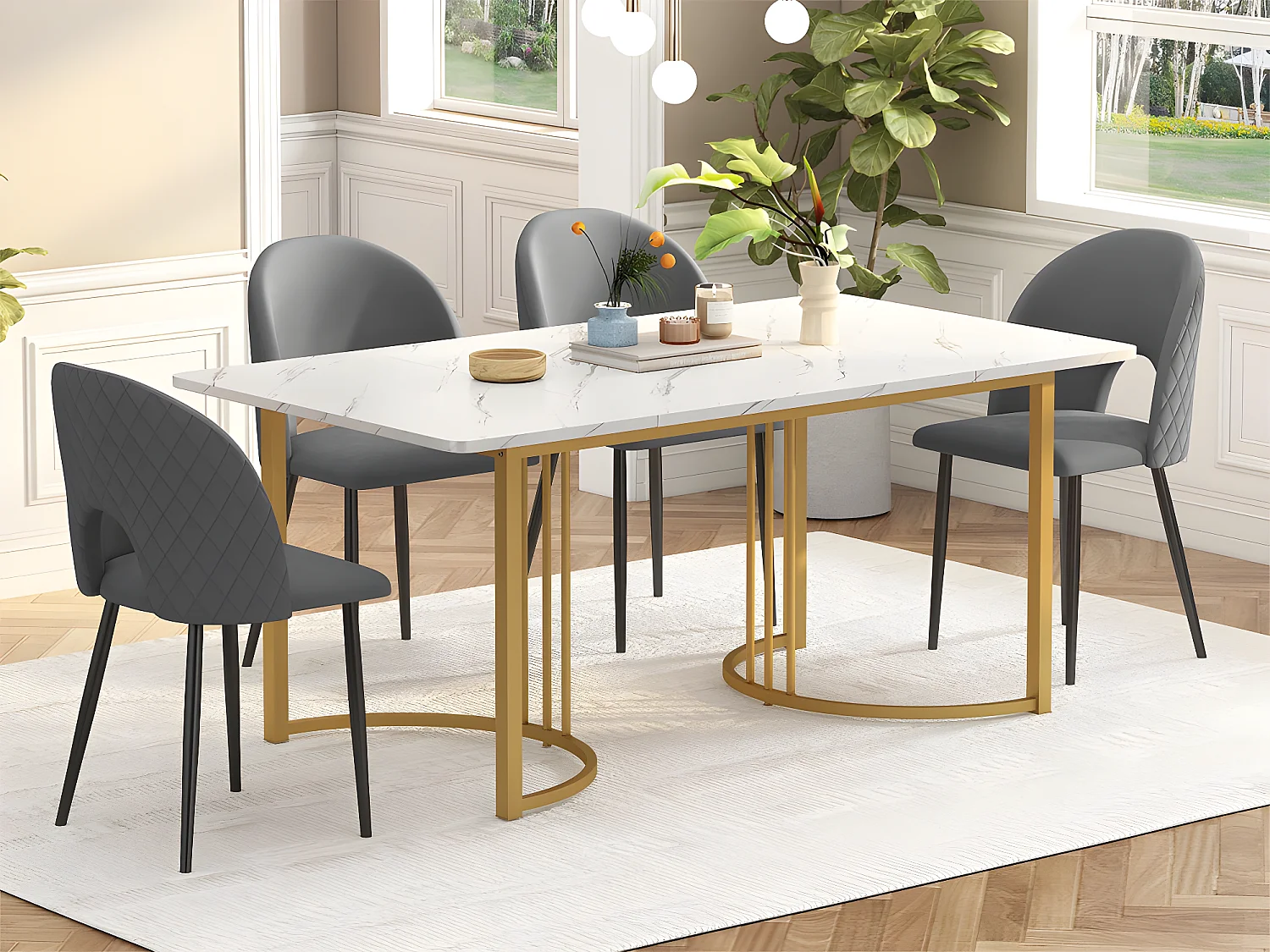 Ensemble Table et 4 Chaises - Table avec placage à motif marbre - Chaises rembourrées en velours avec pieds réglables - Doré & Gris