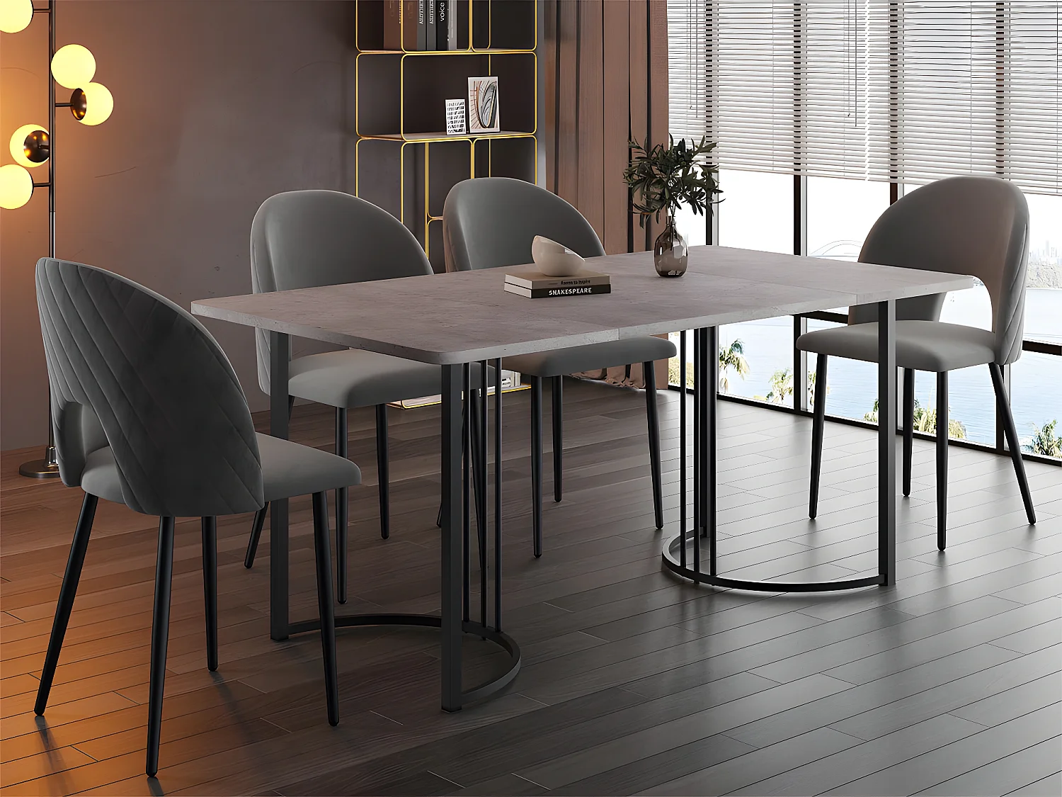 Ensemble Table et 4 Chaises - Table avec placage à motif marbre - Chaises rembourrées en velours avec pieds réglables - Gris & Gris