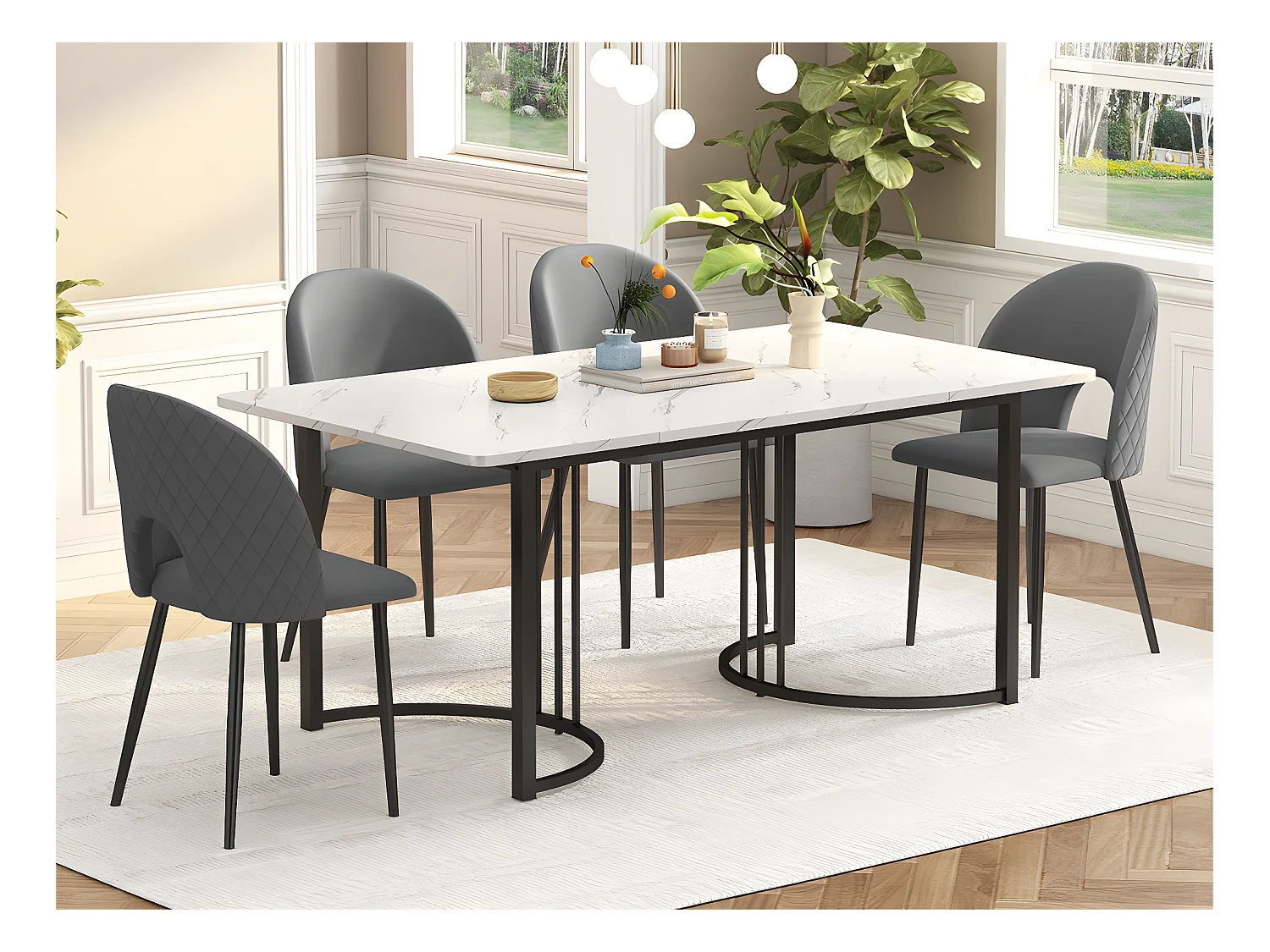 Tafel- en 4-stoelenset - Tafel met marmerpatroonfineer - Fluwelen gestoffeerde stoelen met verstelbare poten - Wit en grijs