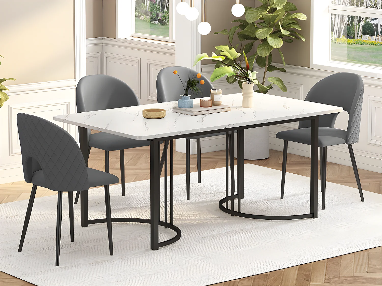 Tafel- en 4-stoelenset - Tafel met marmerpatroonfineer - Fluwelen gestoffeerde stoelen met verstelbare poten - Wit en grijs