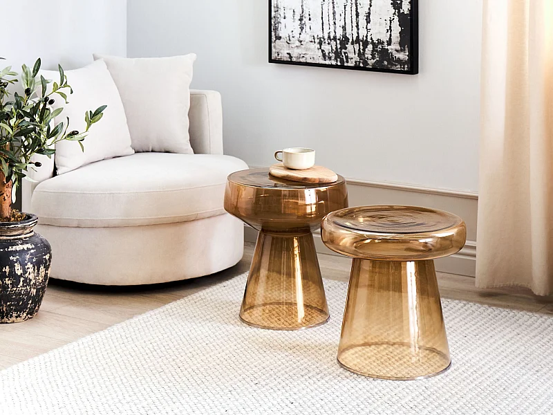 Lot de 2 tables d'appoint LAGUNA/CALDERA Verre Marron doré