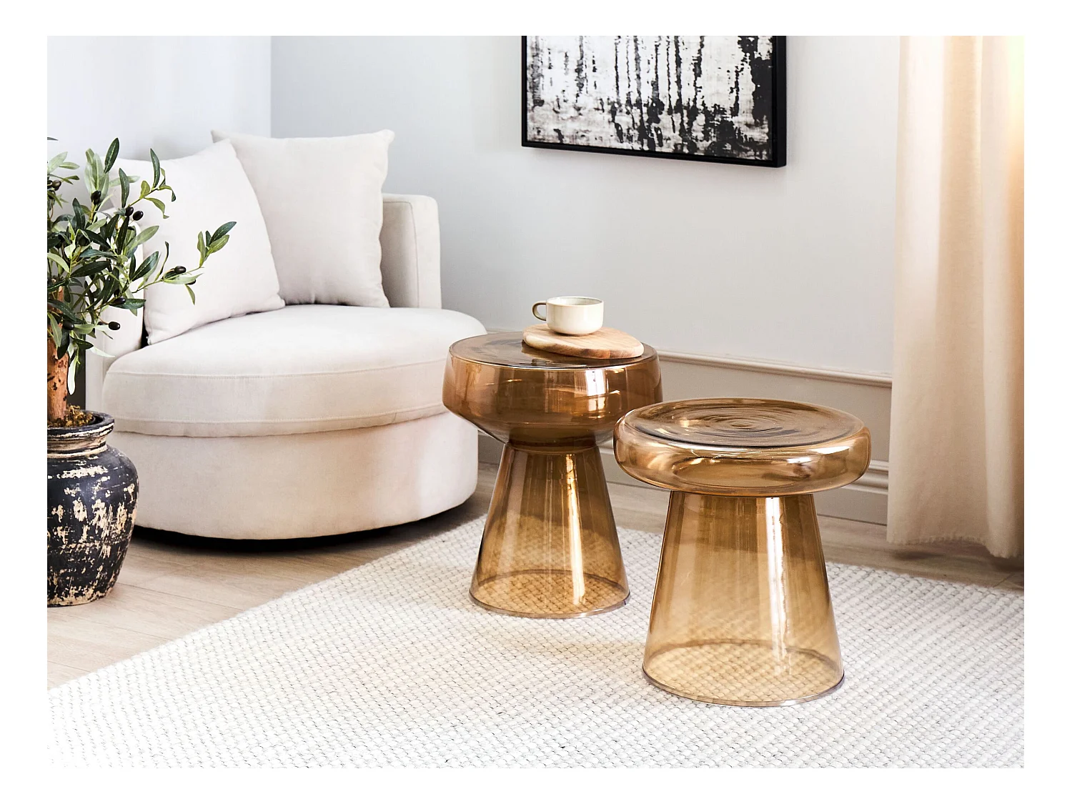 Lot de 2 tables d'appoint LAGUNA/CALDERA Verre Marron doré