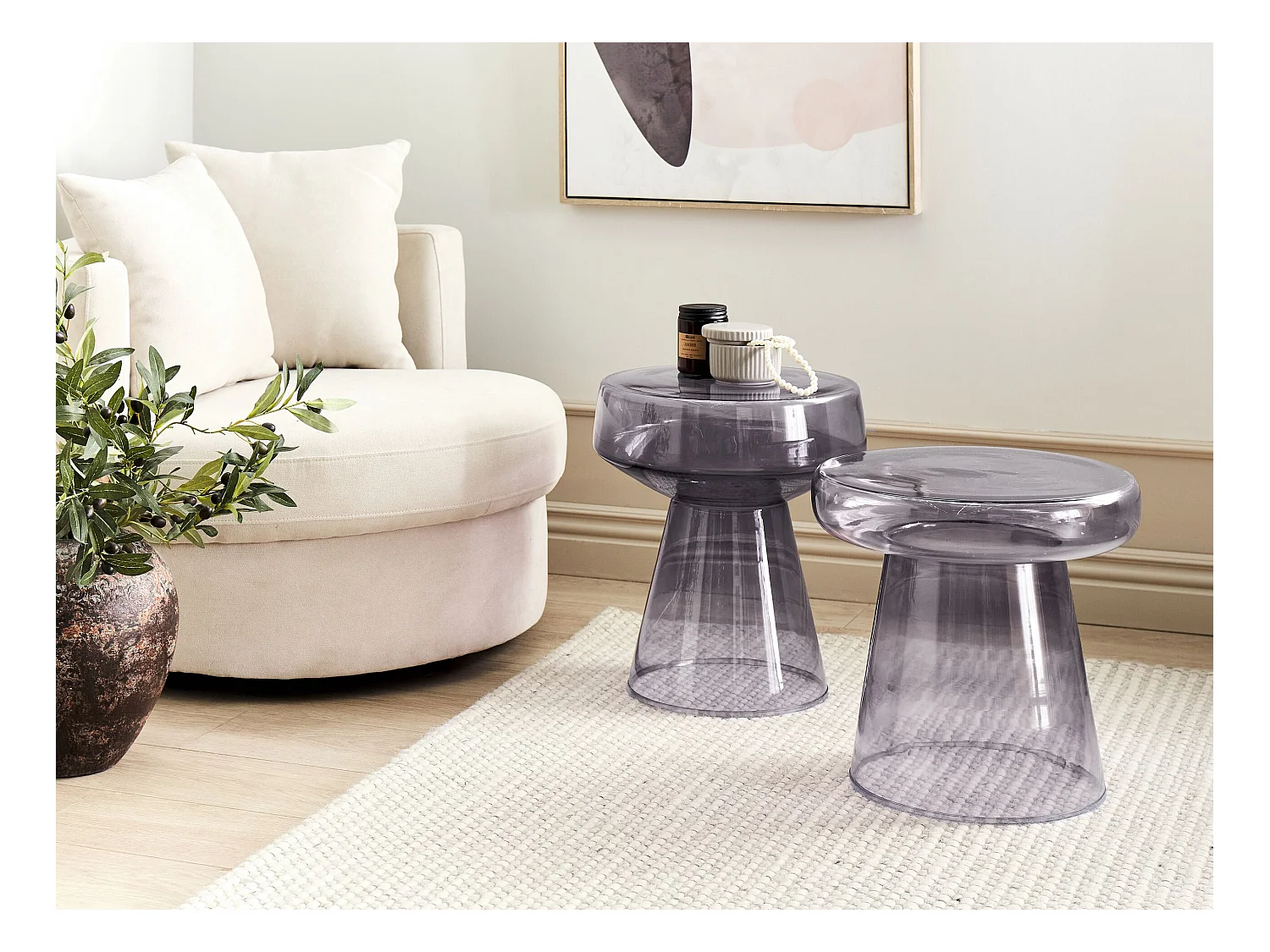 Lot de 2 tables d'appoint LAGUNA/CALDERA Verre Gris