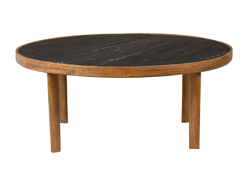 Table basse ronde 90 cm en bois de manguier et marbre noir - OCALA