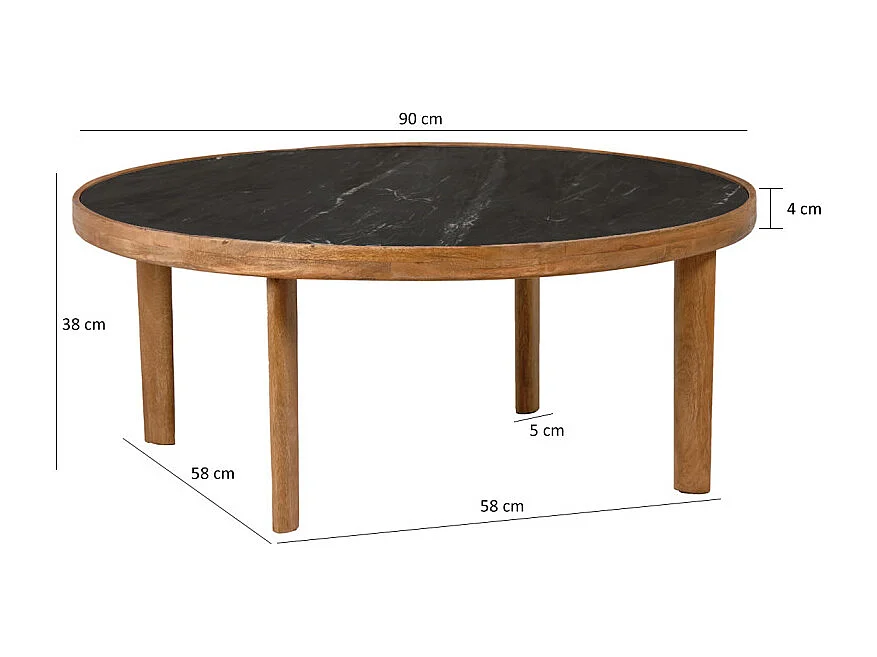 Table basse ronde 90 cm en bois de manguier et marbre noir - OCALA