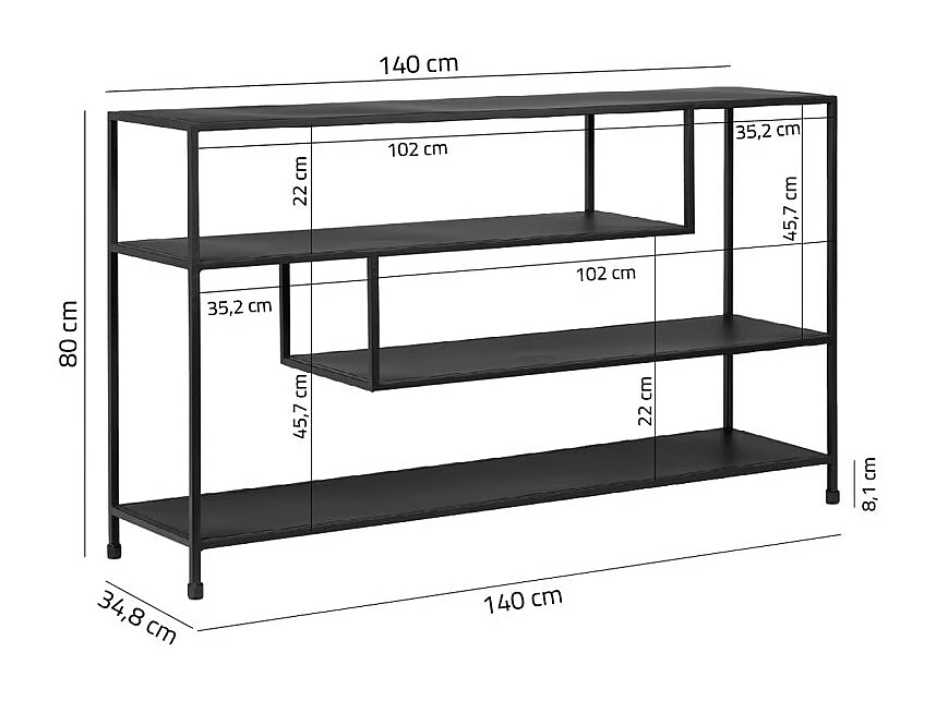 Console 140 cm avec 3 étagères déstructurées en métal noir - PAMELA