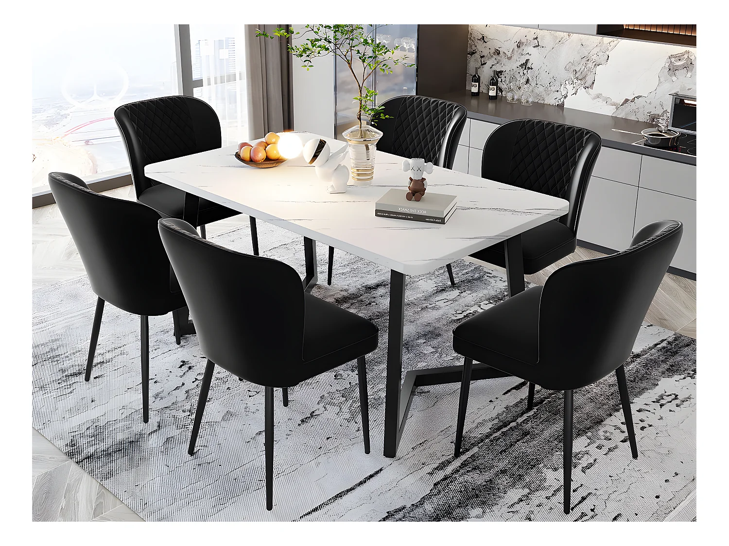 Lot de 6 Chaises rembourrées en velours - structure en métal - Noir