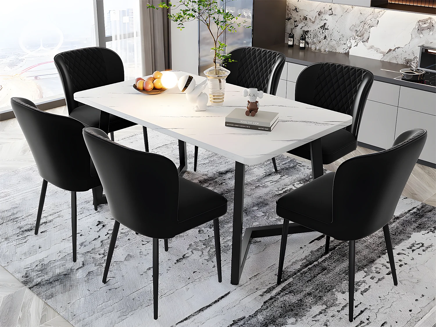 Lot de 6 Chaises rembourrées en velours - structure en métal - Noir