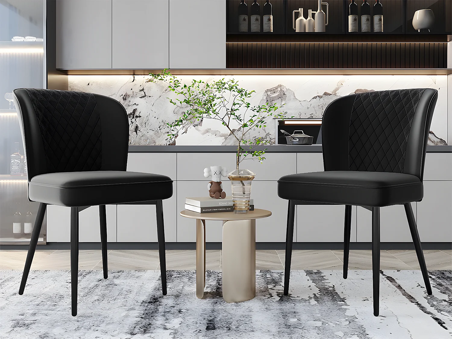 Set van 2 fluwelen gestoffeerde stoelen - metalen structuur - Zwart