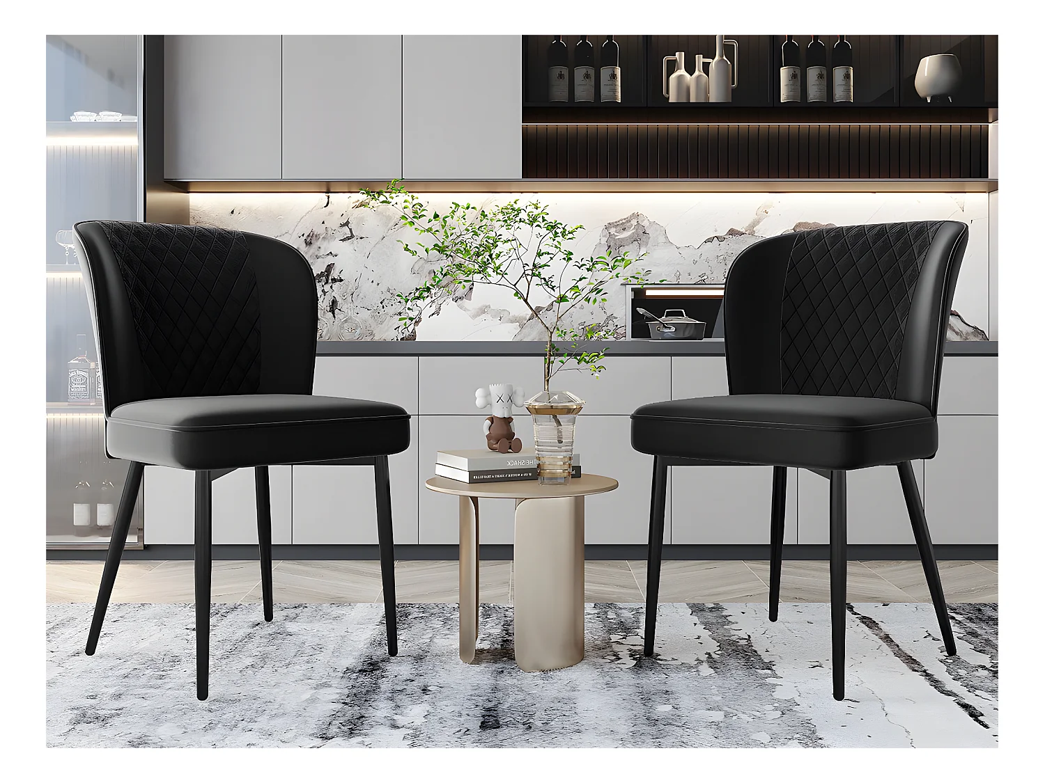 Lot de 2 Chaises rembourrées en velours - structure en métal - Noir