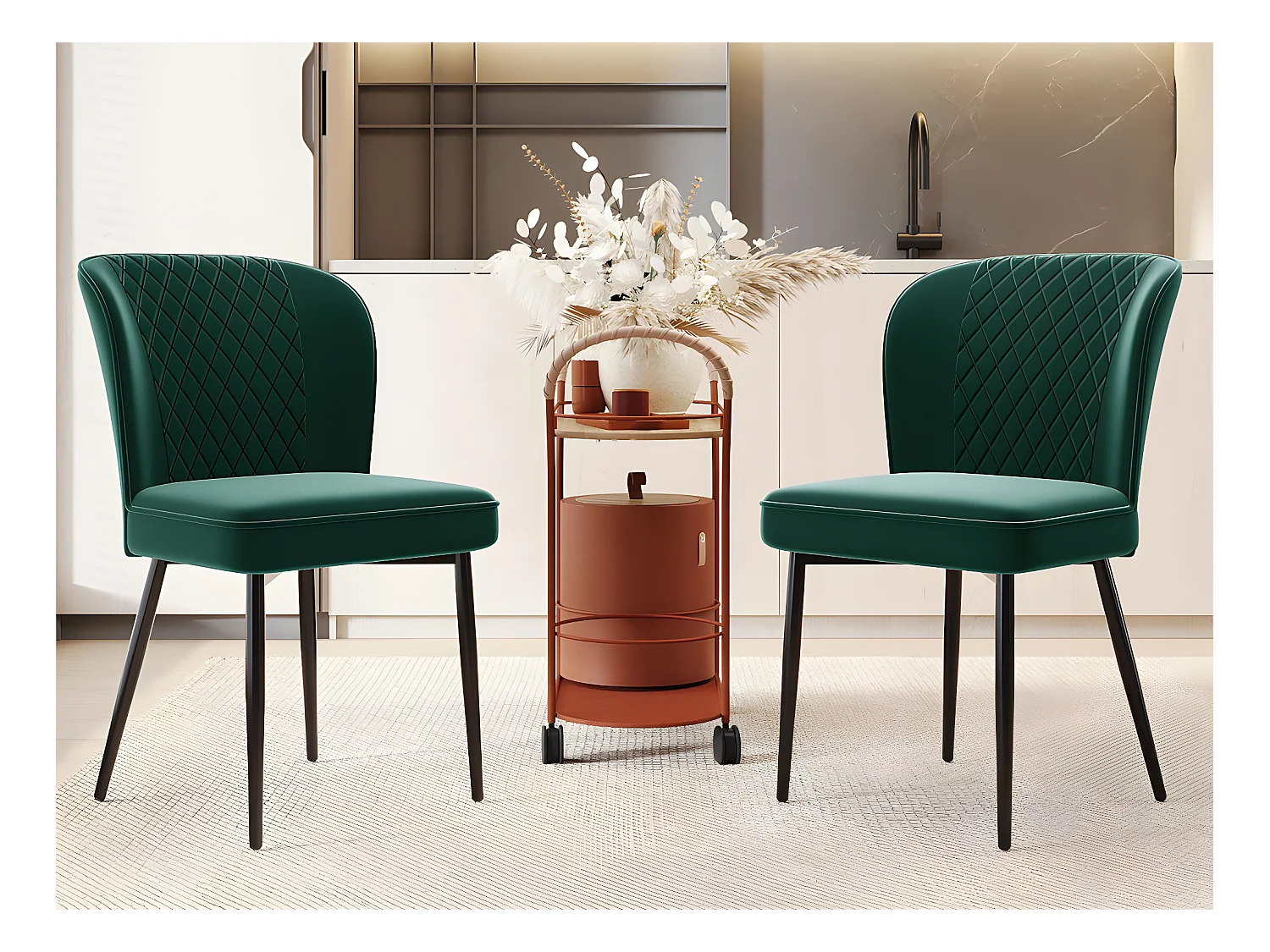 Lot de 2 Chaises rembourrées en velours - structure en métal - Vert