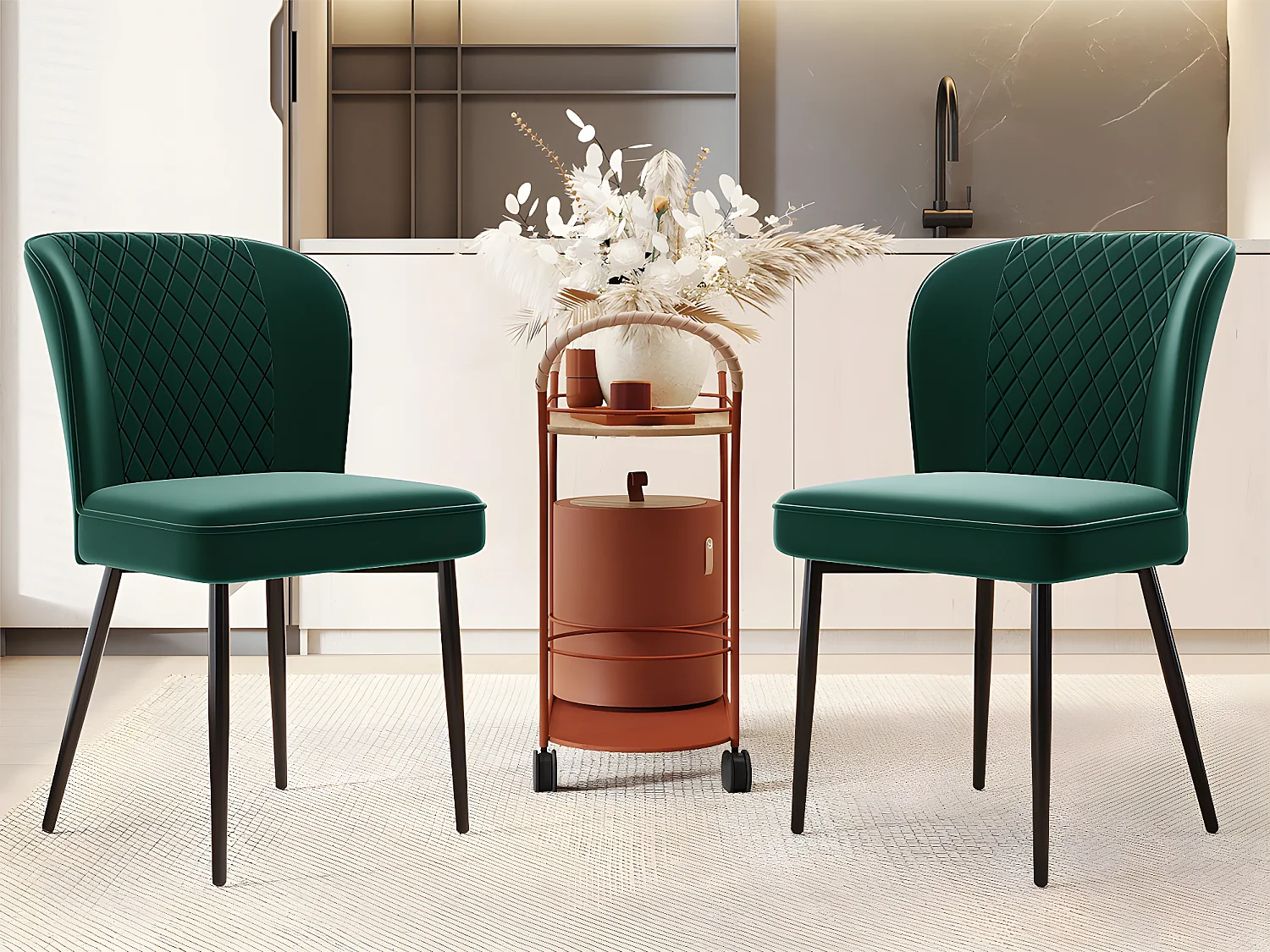 Lot de 2 Chaises rembourrées en velours - structure en métal - Vert