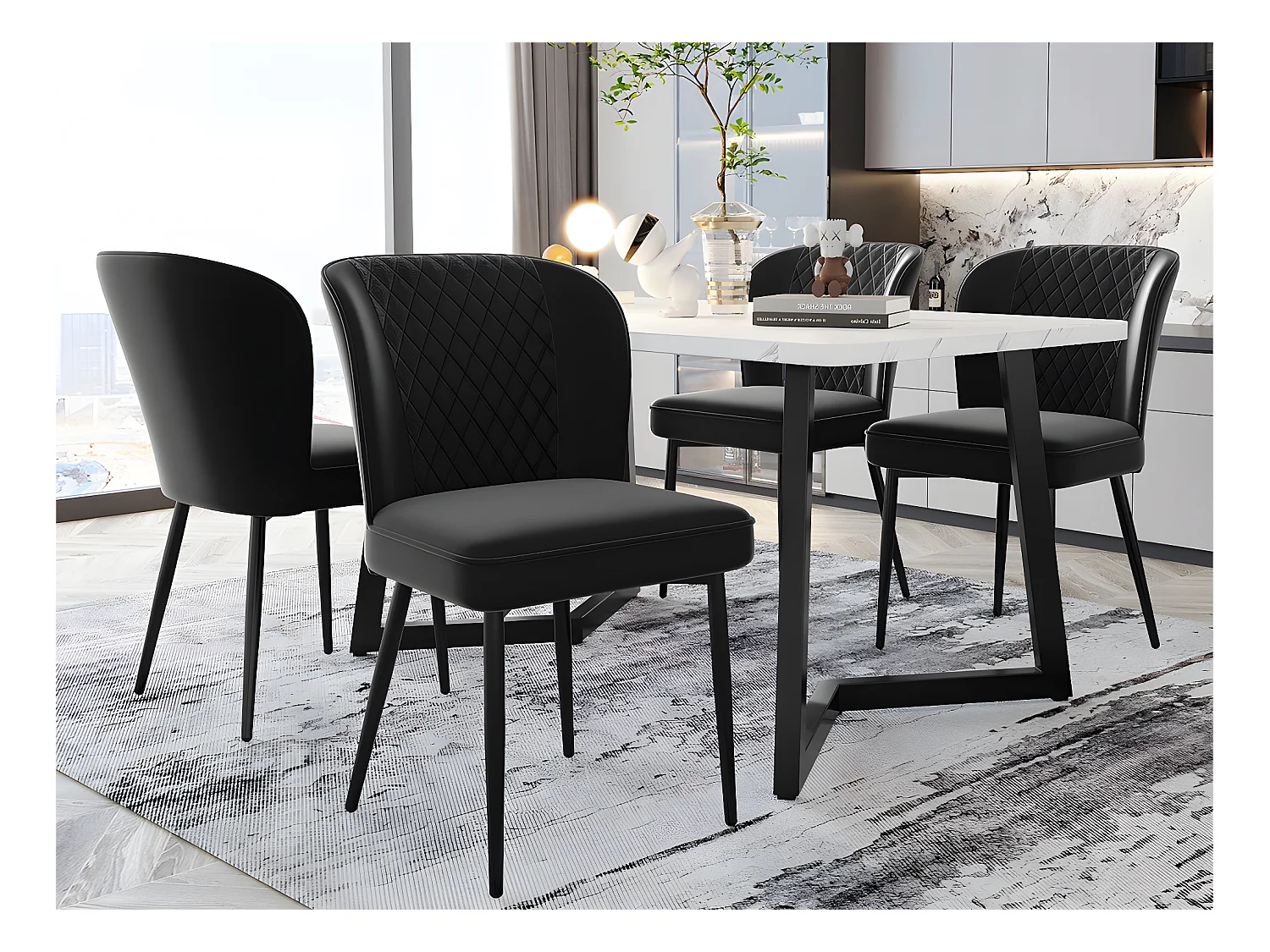 Lot de 4 Chaises rembourrées en velours - structure en métal - Noir