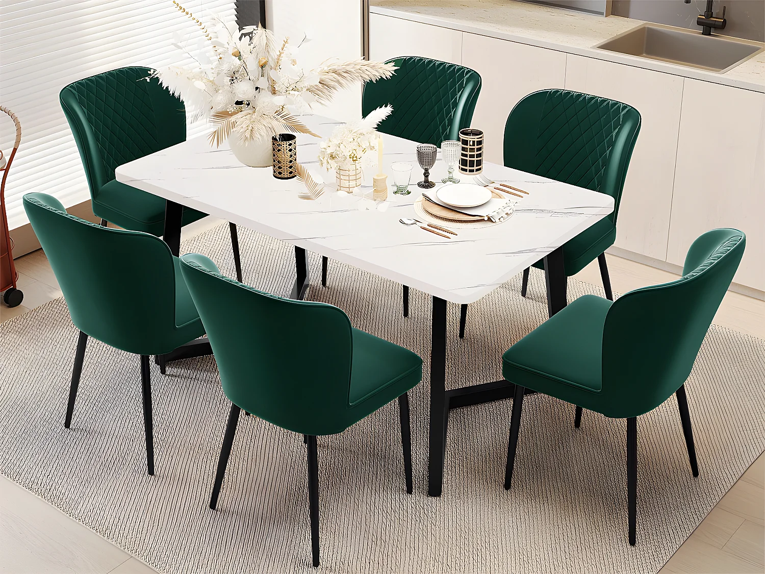 Set van 6 Fluwelen gestoffeerde stoelen - metalen structuur - Groen