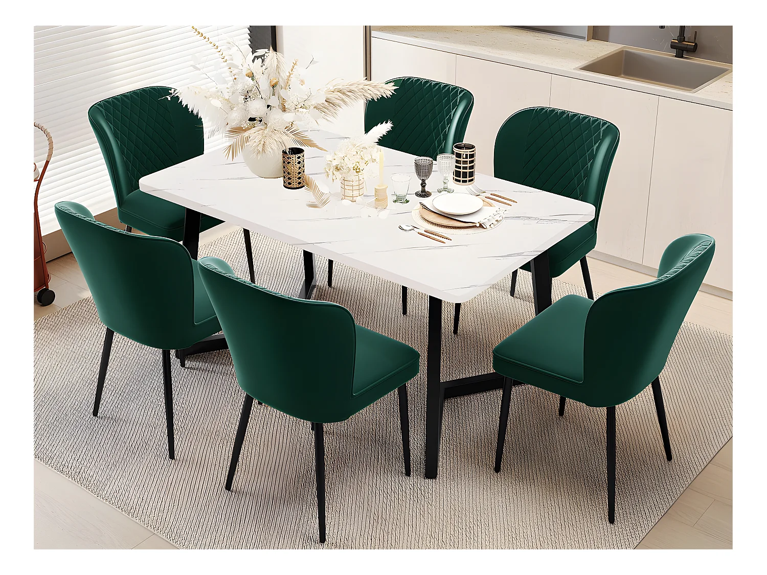 Lot de 6 Chaises rembourrées en velours - structure en métal - Vert