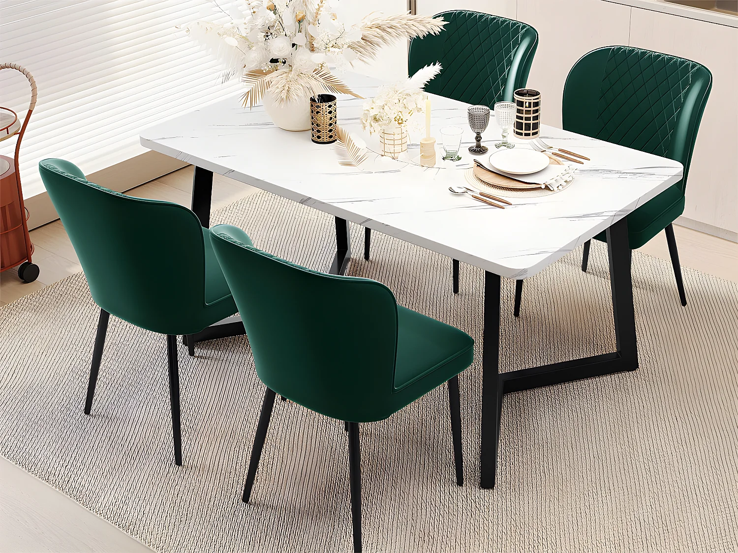 Lot de 4 Chaises rembourrées en velours - structure en métal - Vert