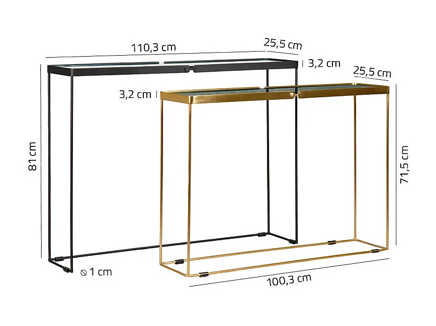 Consoles gigognes métal et verre trempé avec bords arrondis - RACHEL