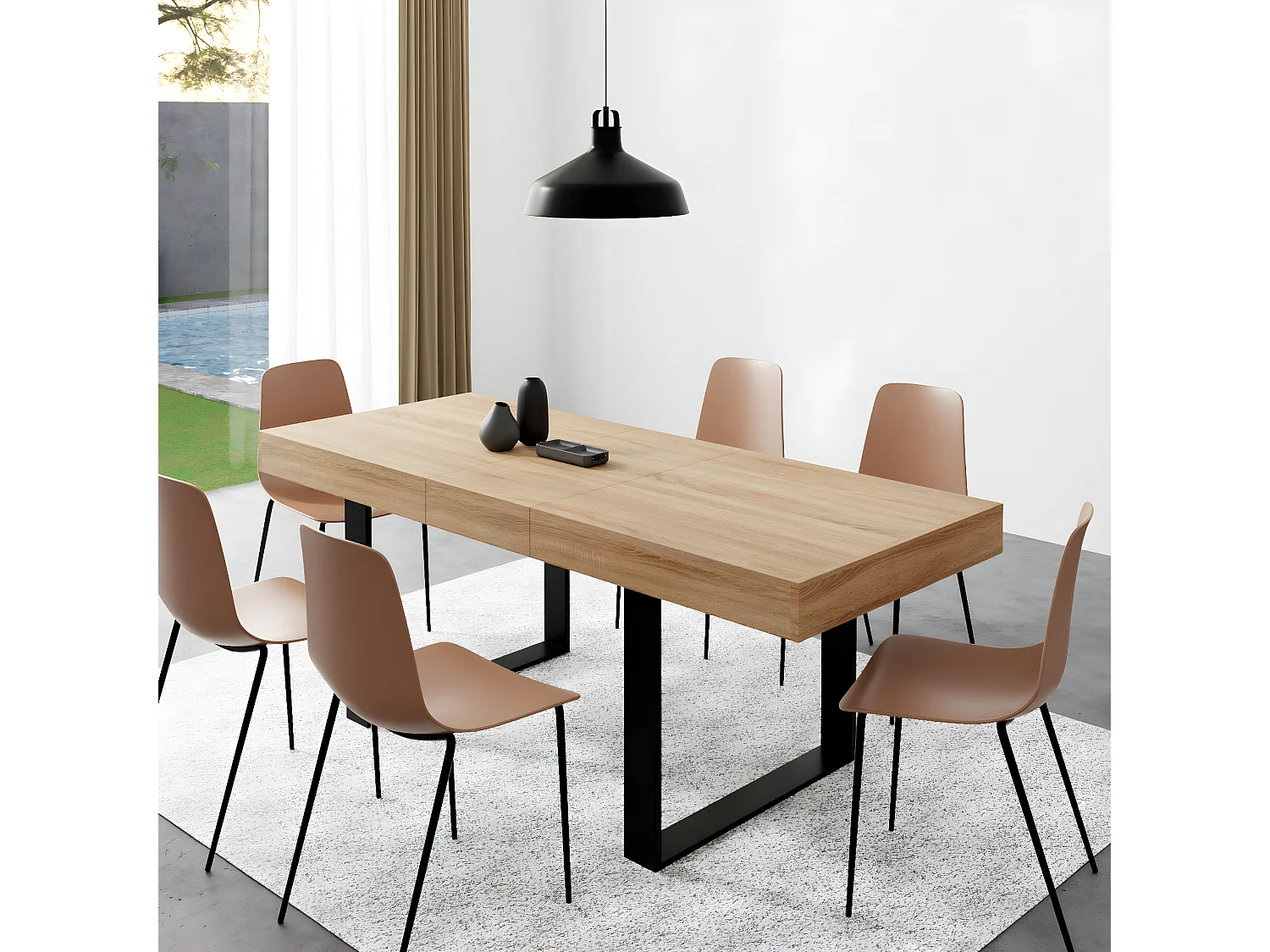 CASABEL Table à Manger Extensible - Design Industriel Bois et Noir – Plateau de 160 cm – avec Rallonge