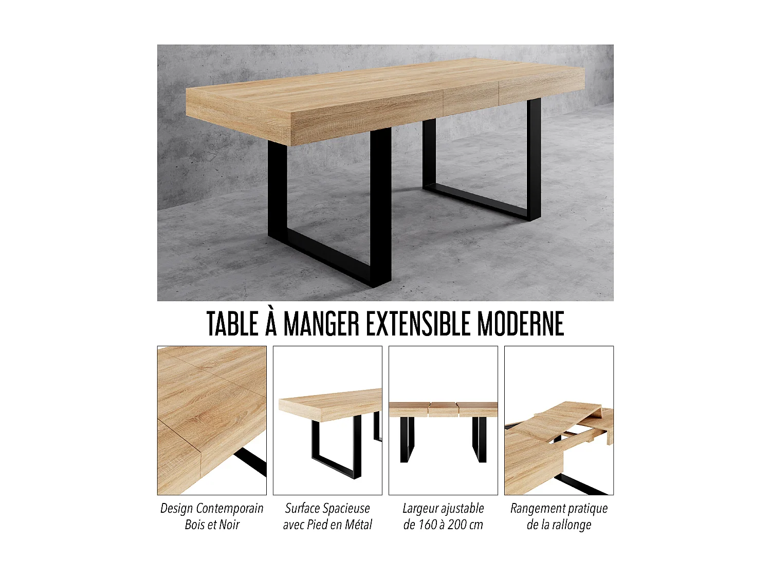CASABEL Table à Manger Extensible - Design Industriel Bois et Noir – Plateau de 160 cm – avec Rallonge