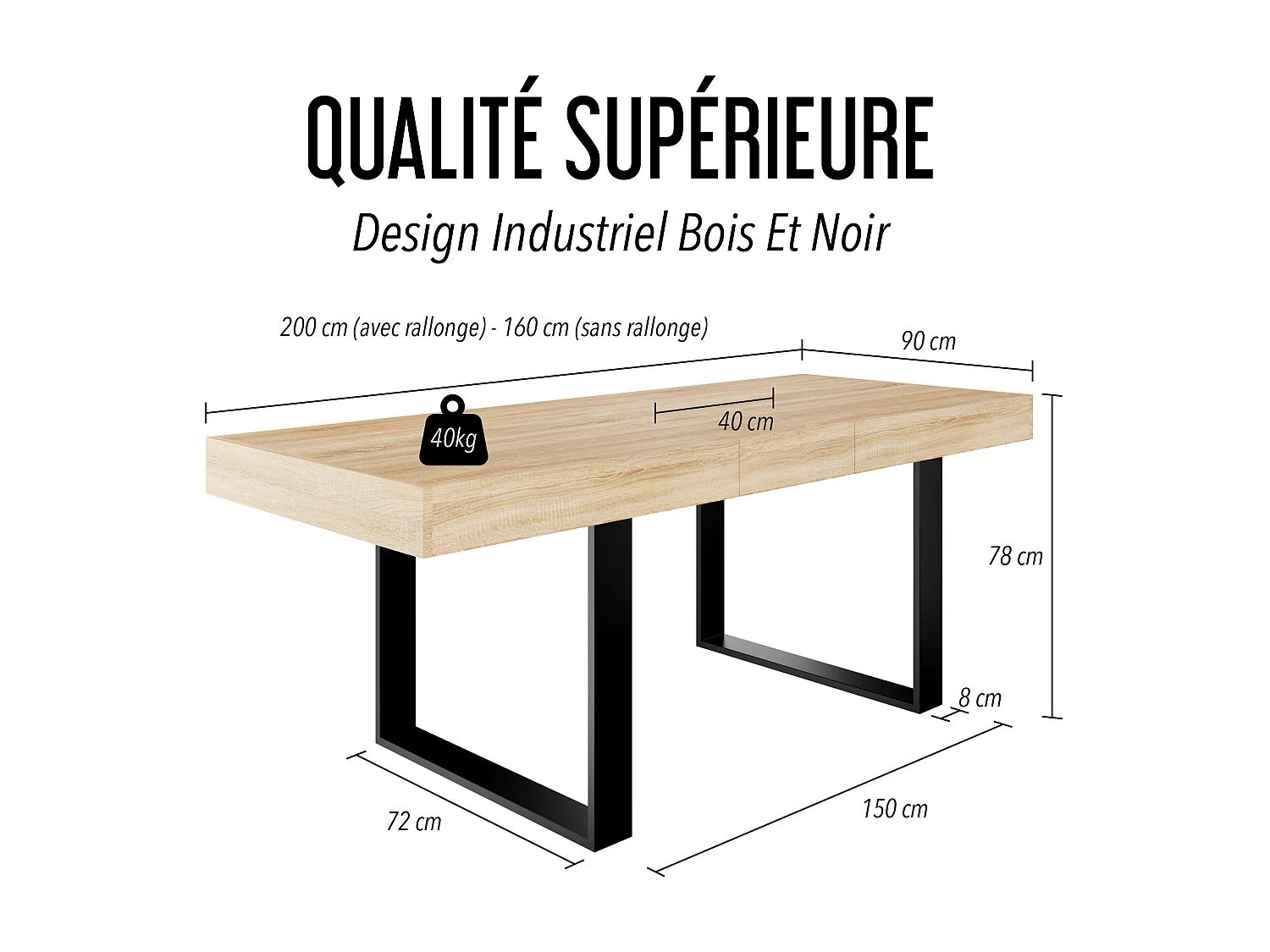 CASABEL Table à Manger Extensible - Design Industriel Bois et Noir – Plateau de 160 cm – avec Rallonge