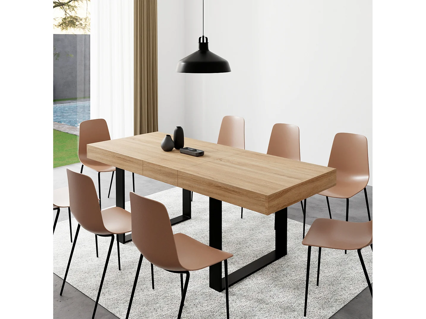 CASABEL Table à Manger Extensible - Design Industriel Bois et Noir – Plateau de 160 cm – avec Rallonge
