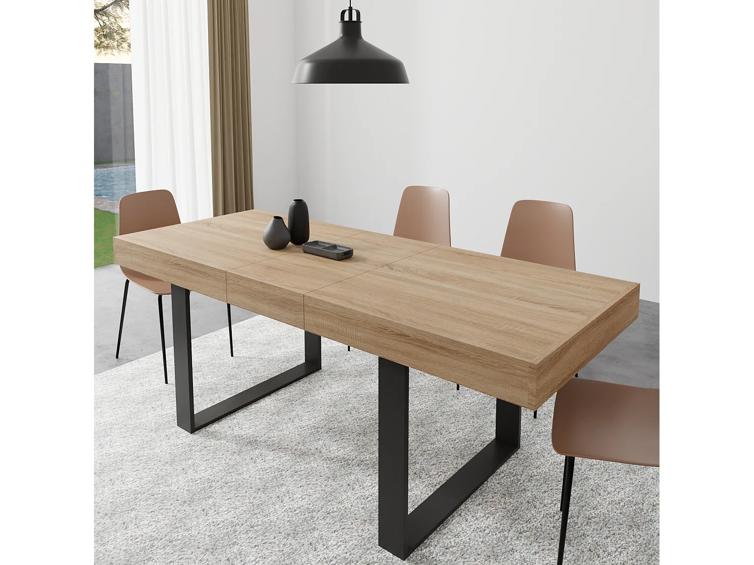 CASABEL Table à Manger Extensible - Design Industriel Bois et Noir – Plateau de 160 cm – avec Rallonge