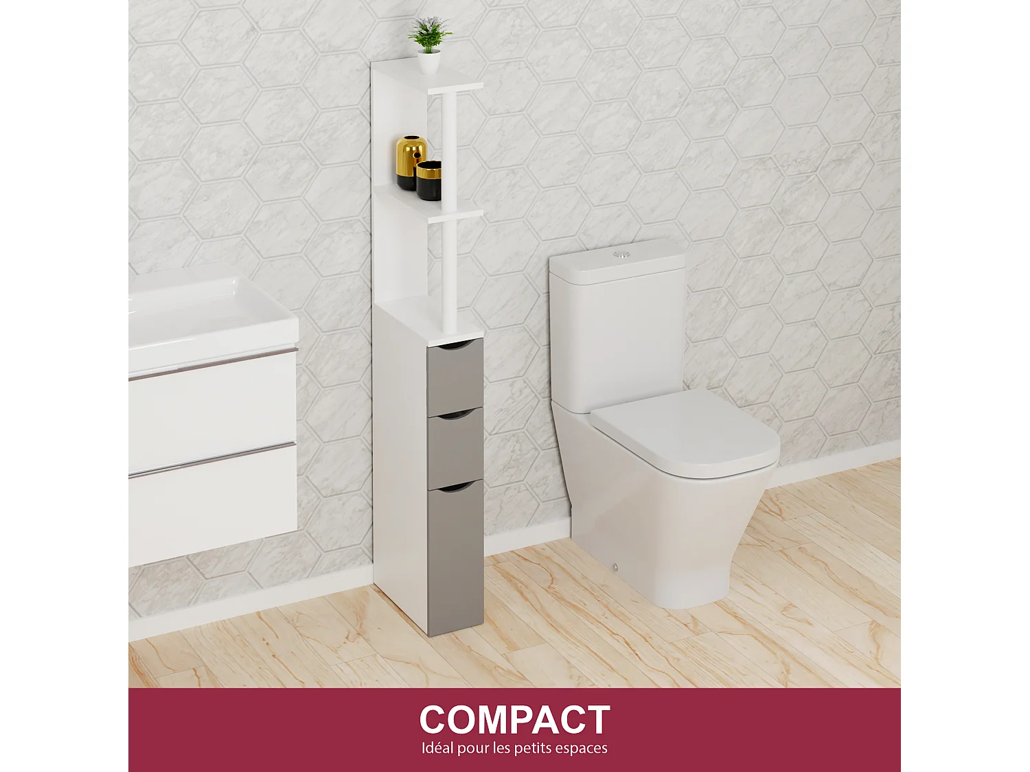 CASABEL Meuble WC Rangement Salle de Bain - Gain de Place - Meuble Colonne MDF Blanc Gris - 3 Portes