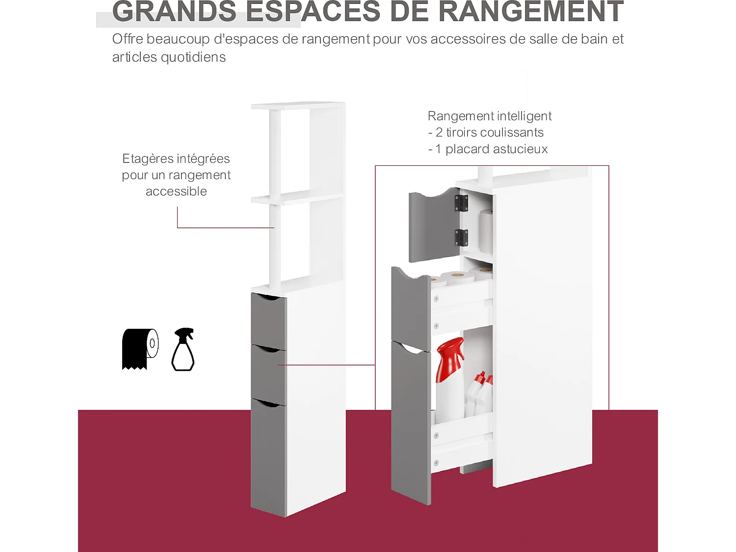 CASABEL Meuble WC Rangement Salle de Bain - Gain de Place - Meuble Colonne MDF Blanc Gris - 3 Portes