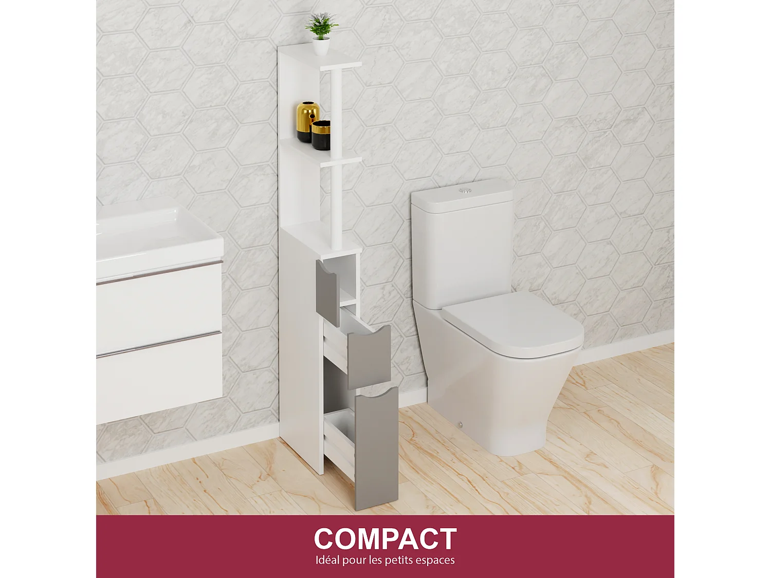 CASABEL Meuble WC Rangement Salle de Bain - Gain de Place - Meuble Colonne MDF Blanc Gris - 3 Portes