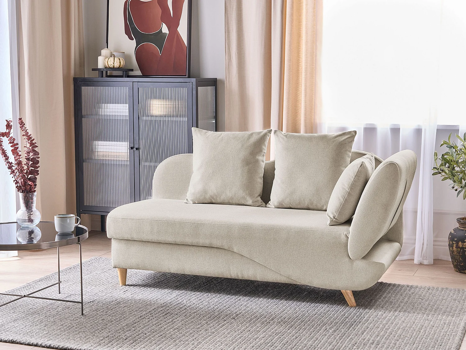 Chaise longue côté droit MERI Lin synthétique Beige avec rangement