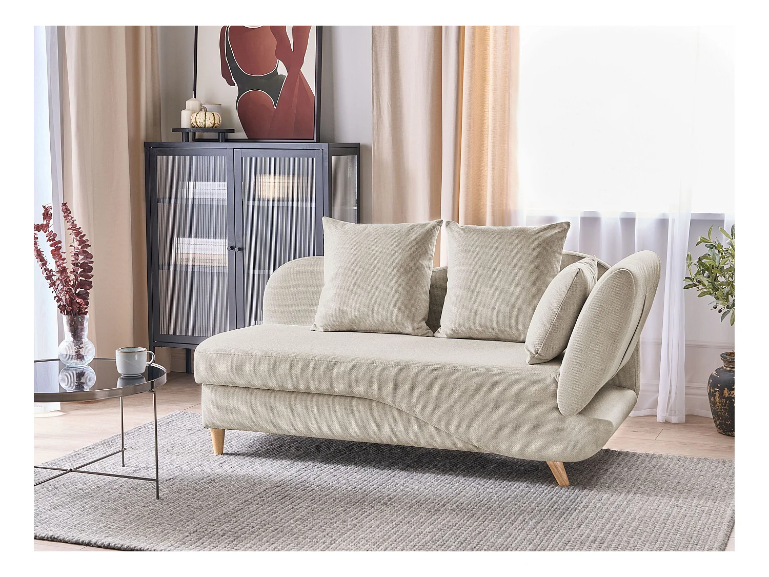 Rechtszijdige chaise longue MERI Kunstlinnen Beige met opbergruimte