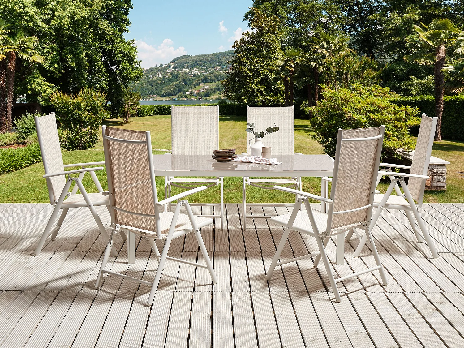 Gartentisch Esstisch Glas Beige für 6 Personen 160x90 cm Aluminium Weiß Catania