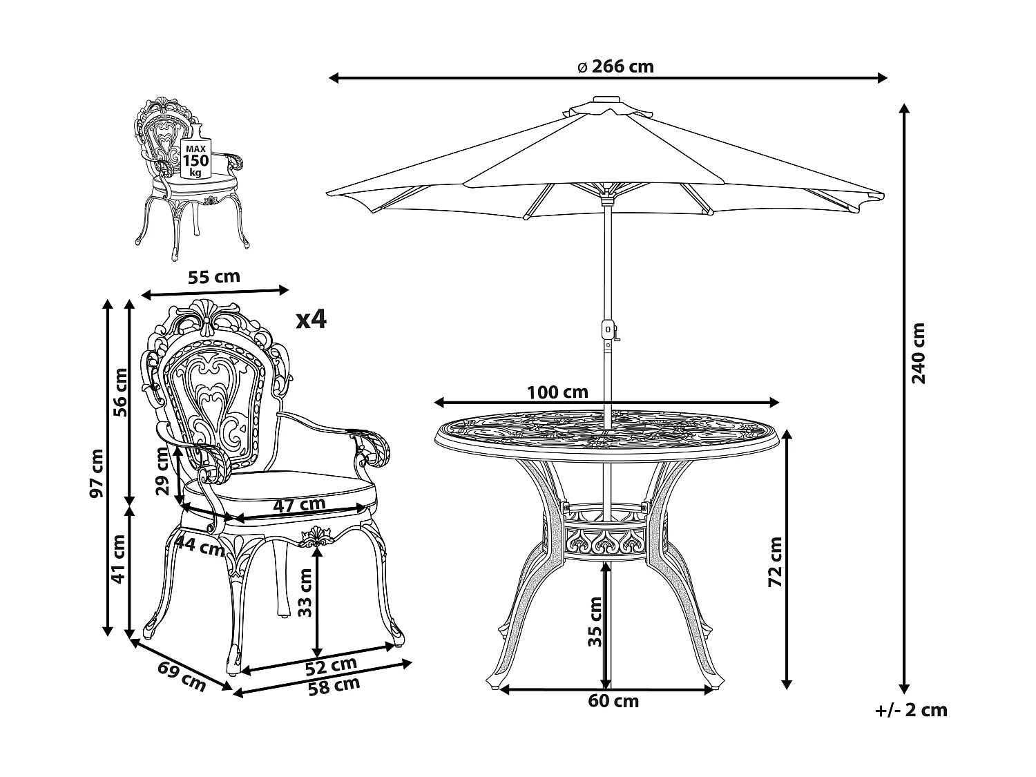 Tuinset 4-zitter SAPRI Met parasol (16 opties) Metaal Donkerbruin