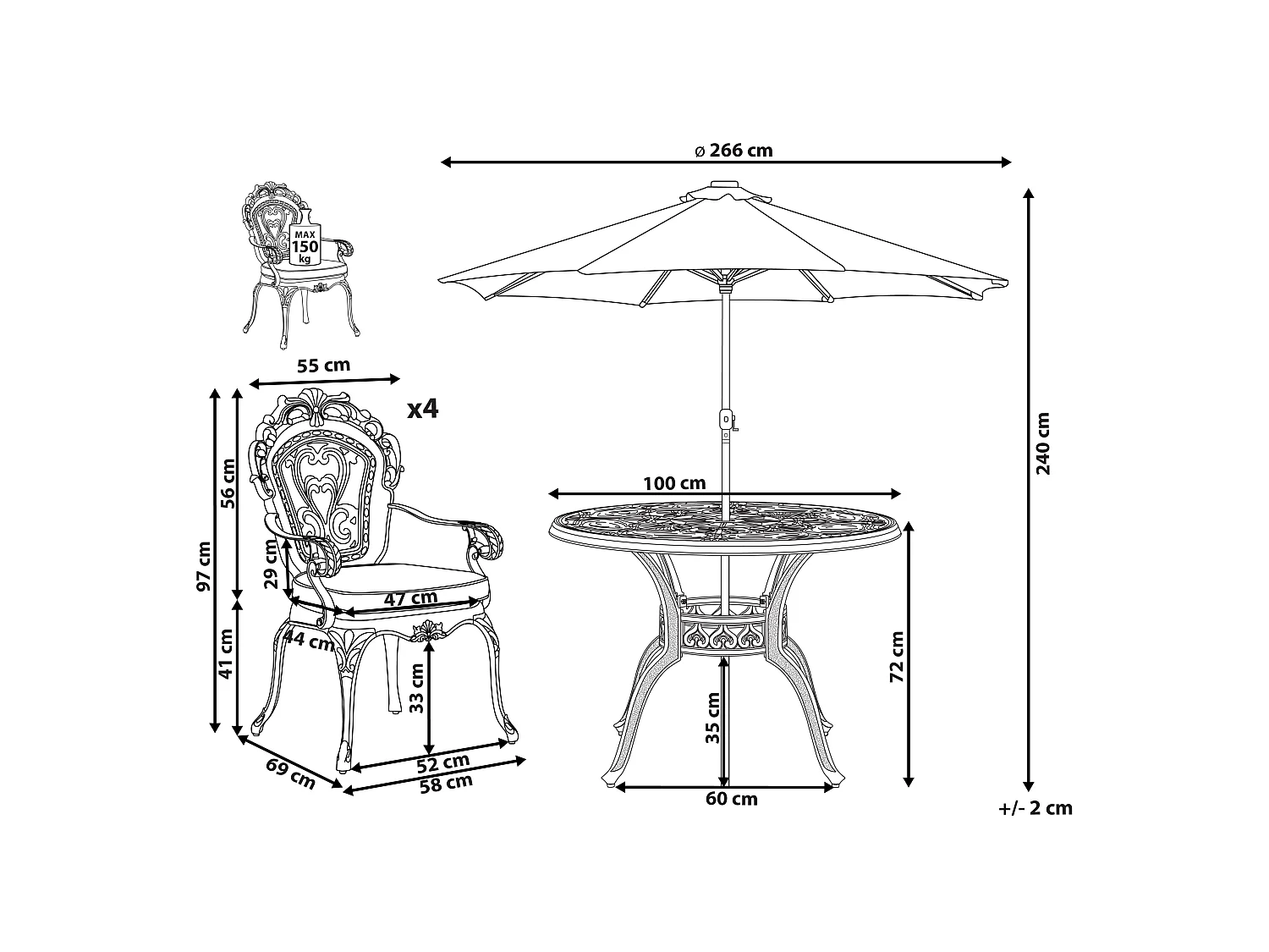 Salle à manger de jardin 4 places SAPRI avec parasol (16 options) Métal Marron foncé