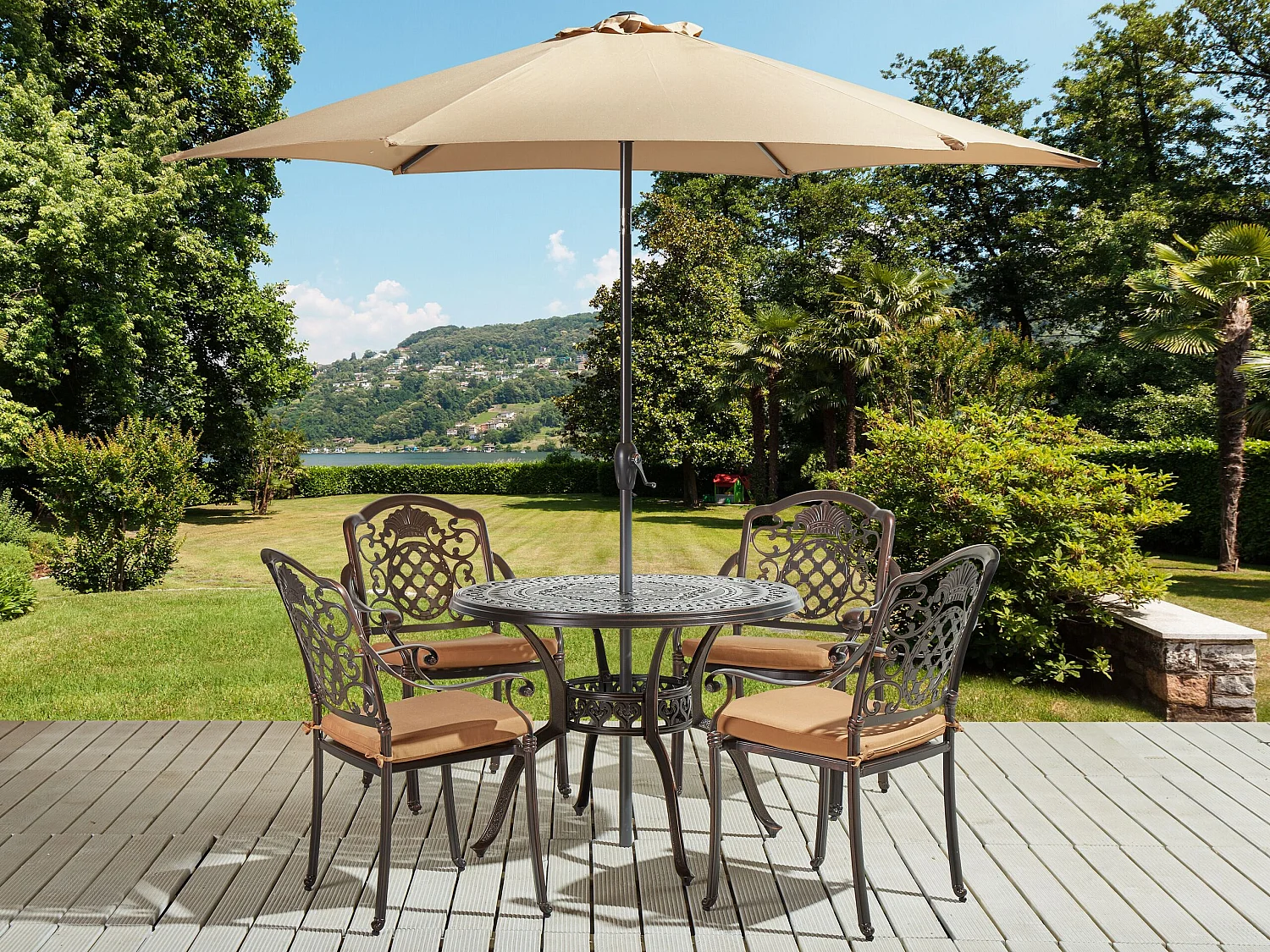 Salle à manger de jardin 4 places SALENTO avec parasol (16 options) Métal Marron foncé